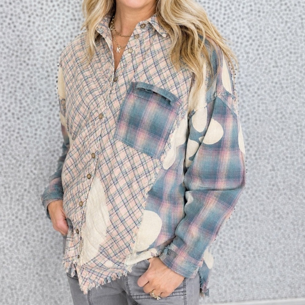 Patchwork Plaid Floral Button Down Shirt S Boho Cottagecore Preppy Mixed Media